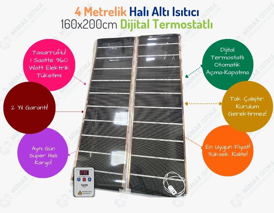 4 Metrelik Karbon Film Halı Altı Isıtıcı Dijital Termostatlı 160x200cm Ölçülerinde